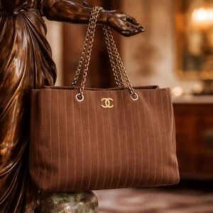 Chanel Chocolate Brown suedeTote with Gold Chain